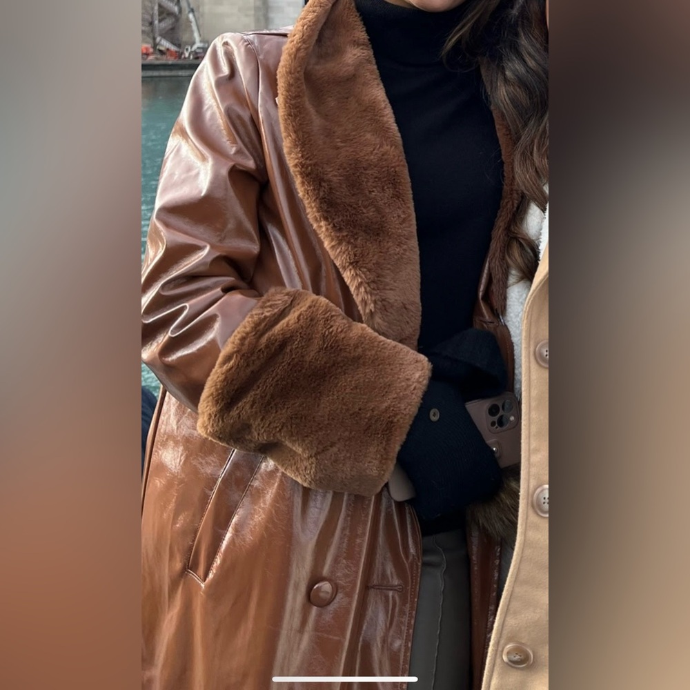 Cute faux fur trim brown pleather jacket (fits like a M)